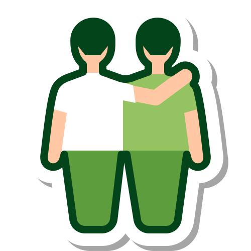 Cartoon friends with arm around each other