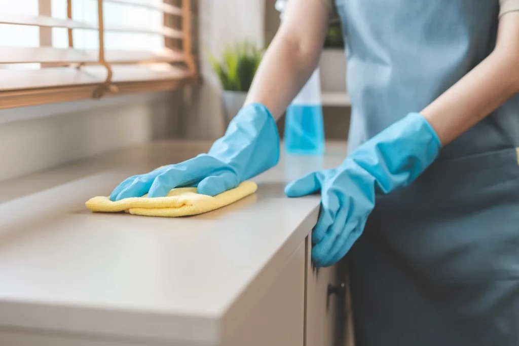 Close up of person cleaning kitchen counter